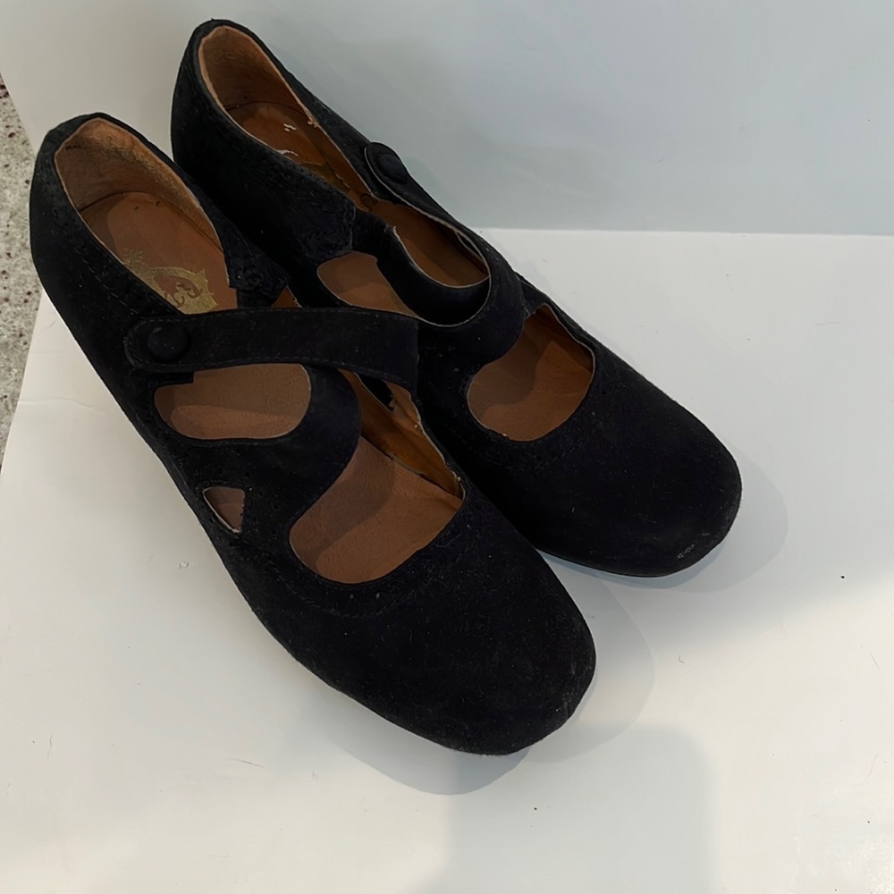 Crown Vintage Black Suede Wedges with Criss Cross Design